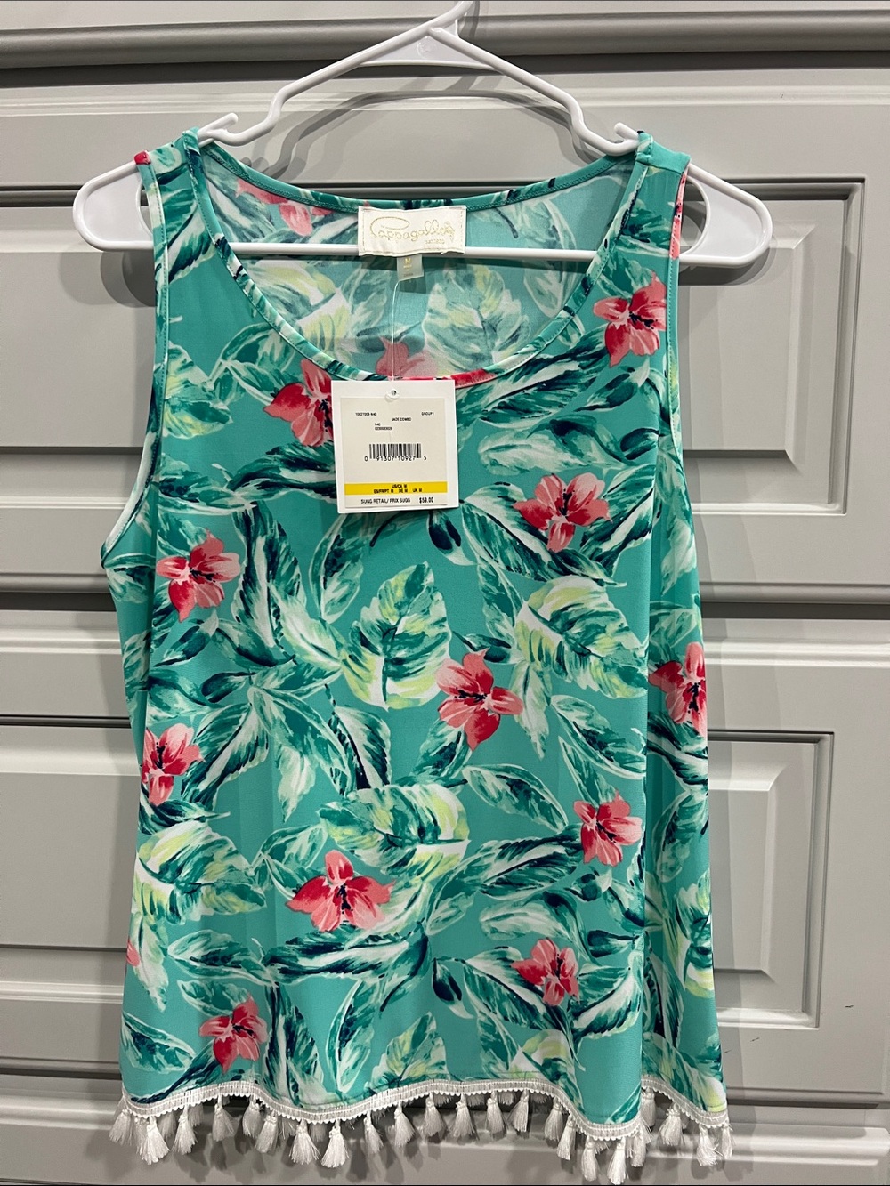 Pappagallo Teal Tropical Floral Tassel Tank